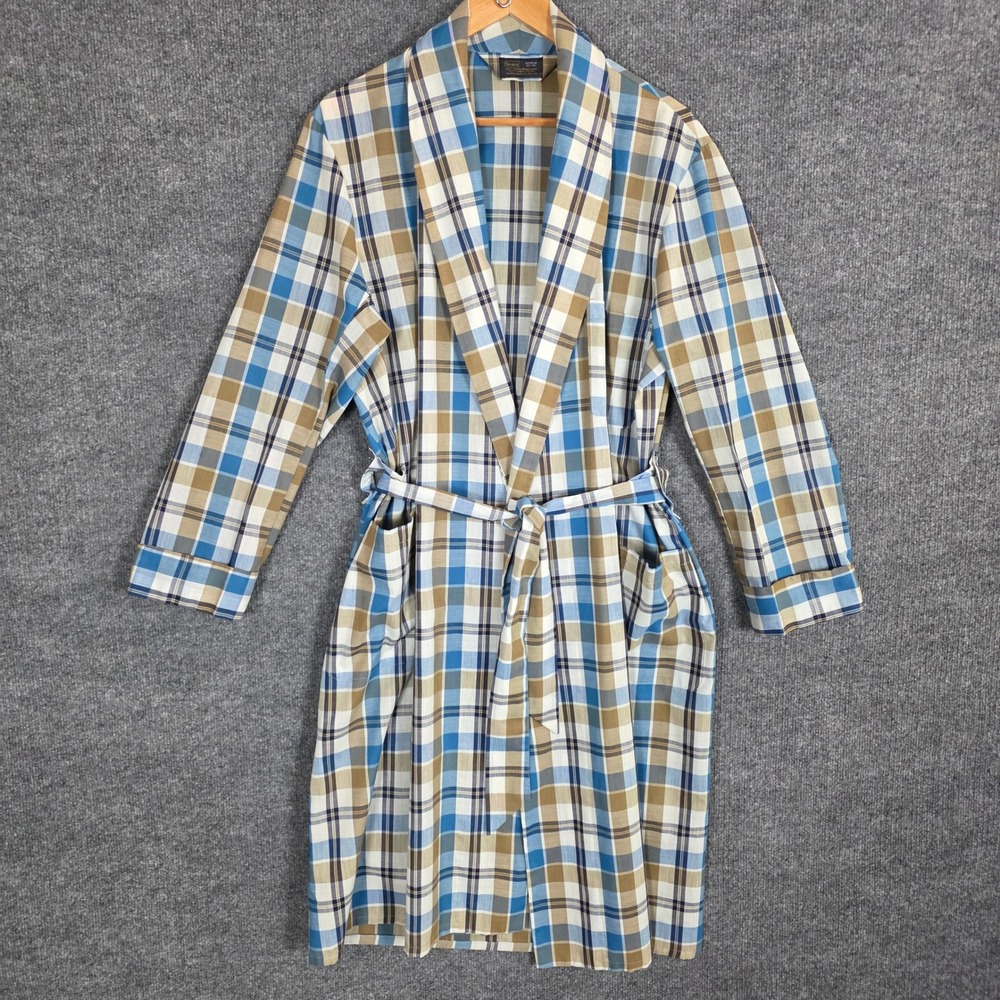 Vintage Sears Roebuck Men Plaid Robe Blue Tan Cotton Blend Medium Wrap Belt